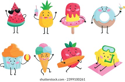 Charming summer food characters set. Watermelon in sunglasses and lemon with glasses, ice cream and donut with drink. Cake and pineapple. Cartoon flat vector collection isolated on white background