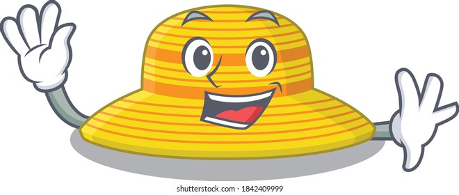 A charming summer hat mascot design style smiling and waving hand