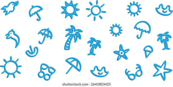 Charming summer icon set with blue outline birds, sunglasses, sun, umbrella, and palm trees. Ideal for vacation designs, beach promotions, travel websites, and fun seasonal projects.