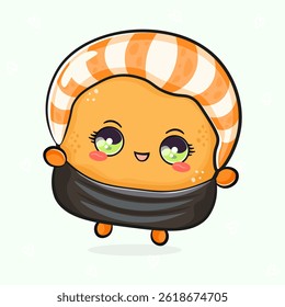 Charming Sushi character with expressive eyes and a cheerful smile on a light background.