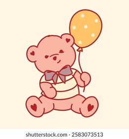 Charming sweet bear holding a balloon in a pastel-toned design for baby showers, birthday-themed stickers, or prints, children's party invitations or nursery decorations