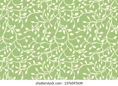 Charming sweet beige vines and ivy background with climbing leaves in beige on a pastel green spring background in a pretty random pattern design