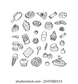 Charming Sweets Collection: A Hand-Drawn Illustration Featuring an Array of Delicious Treats Including Ice Cream, Cupcakes, Cookies, and More, Perfect for Dessert Enthusiasts