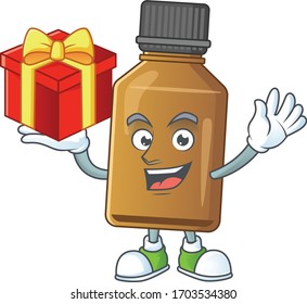 Charming syrup cure bottle mascot design has a red box of gift