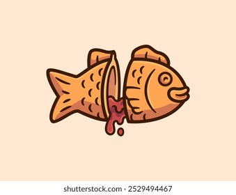 Charmosa ilustração de vetor de desenhos animados de Taiyaki com deliciosa massa em forma de peixe preenchida com recheio doce para desenhos culinários