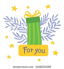 charming tall green gift box with a yellow bow, surrounded by stars and botanical elements. Perfect for greeting cards, invitations, digital designs, and holiday themes.