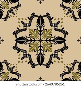 Charming Tasteful Royal Black and Gold Intricate Florals Ornament on Tan Background Border Pattern. Artistry Baroque Scroll Ornament Geometric Diamond Decoration for Embroidery Wallpaper Backdrop Tile