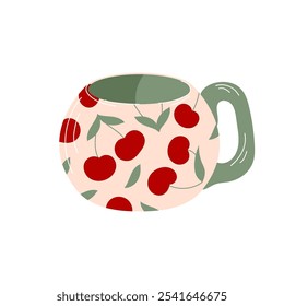 Charming tea cup with cherry and leaf ornament in flat style. Isolated on a white background.