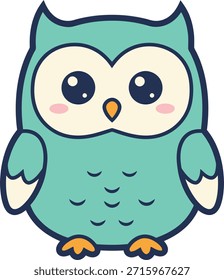 A charming teal owl character with large eyes and pink cheeks. Whimsical forest bird vector illustration for children's stickers, school rewards, and nursery decor.

