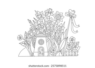 Charming Teapot Cottage Cercado por flores da primavera para colorir