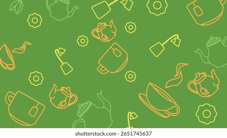 Charming fundo temático chá com xícaras contornadas, bules de chá e elementos de flor em tons quentes em verde claro. Ótimo para visuais de bebida quente.