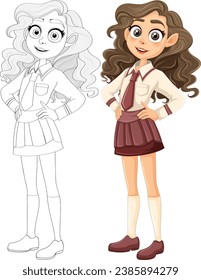 A charming teenage girl with big eyes and long brunette hair in a cartoon illustration