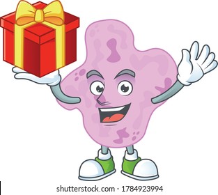 Charming tetracoccus mascot design has a red box of gift. Vector illustration
