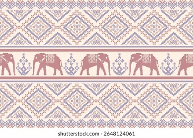 Charmoso elefante tailandês e geométrico pixel art padrão sem emenda em tons pastel. Tradicional Etnia Animal Motivo Têxtil Digital Design.