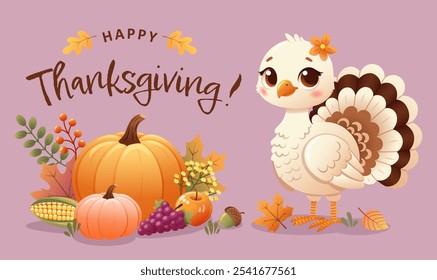 Charming Thanksgiving greeting card featuring a cute turkey with pumpkins, fall leaves, autumn fruit and vegetables 