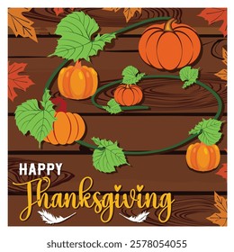 A charming Thanksgiving themed with vibrant pumpkins and leaves, arranged beautifully on a wooden background. A perfect festive greeting card design celebrating the joy of the Thanksgiving season. 