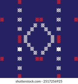 Charming thread embroidery combines ikat cloth into a seamless grid pattern.