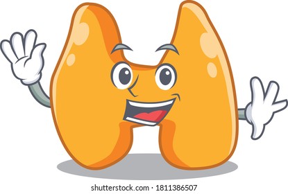A charming thyroid mascot design style smiling and waving hand