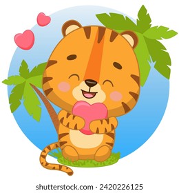 A charming tiger cub sits and hugs his heart under the palm trees. Tiger cub with a heart. Tiger cub in kawaii style. Vector illustration of drawings, prints and patterns. Isolated on white background