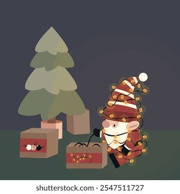 A charming Tomte gnome wrapped in twinkling fairy lights prepares holiday decorations near a Christmas tree.