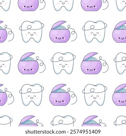 Charming tooth and kawaii dental floss. Cute dentistry characters. The concept of oral hygiene