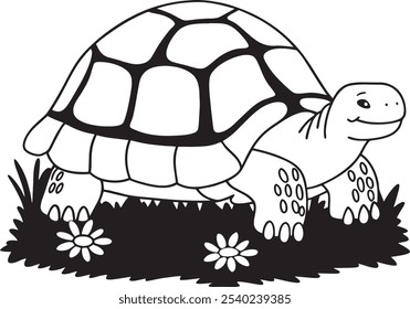 A charming tortoise illustration, perfect for children's coloring activities. Features a happy tortoise on grass with flowers, ideal for educational and creative fun.