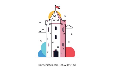 Ilustração da torre encantadora com cores da bandeira francesa e acentos geométricos
