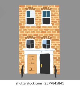 A charming townhouse building wall orange brick townhouse Cartoon, Hand drawing illustration, ideal for historic districts, urban neighborhoods, and classic residential architecture.