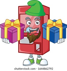 A charming toy claw machine cartoon mascot style with two boxes of gifts