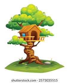 Charming tree house with spiral wooden ladder. House on tree, children playground. Vector cartoon illustration