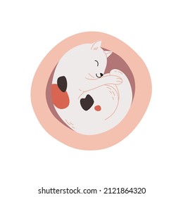 Charming tricolor kitten lies and naps on the crib at home. A cute cat sleeps in a cat house. Top view of a happy relaxed kitten curled up in ball. Flat vector illustration of animal isolated on white