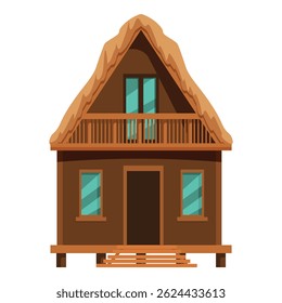 Charming tropical bungalow featuring a thatched roof, wooden balcony, and inviting steps leading to a relaxing getaway