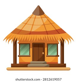 Charming tropical hut with thatch roof and wooden structure featuring large windows and sturdy steps on a wooden platform.