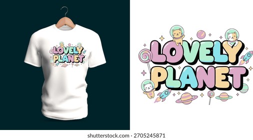 A charming T-shirt design featuring the phrase “Lovely Planet” with cute kids, pastel planets, stars, moons, sparkles, and rounded bubble letters. The dreamy palette, soft doodle shapes