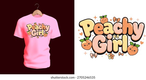 A charming T-shirt design showing the phrase “Peachy Girl” with adorable peach characters, flowers, sparkles, pastel shades, and bold bubble letters. The fruity theme, friendly shapes