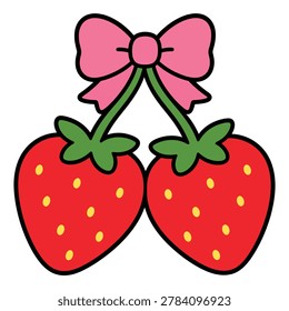 A charming of two bright red strawberries joined together by their stems and adorned with a cute, vibrant pink bow.