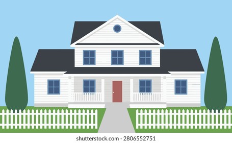 Charming two story white colonial style house with a grey roof red front door and a white picket fence under a clear blue sky.