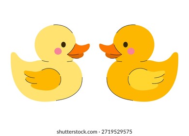 Charming Two yellow rubber ducks for baby bath time. Сute water toys with pink cheeks isolated on white background. Minimalist nursery icons  for baby care branding, bathroom interior posters.