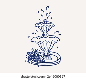 Charming two-tiered fountain whimsical hand drawn line art with gentle water splashes, surrounded by a cluster of flowers for wedding invitation card template. Vector outline illustration
