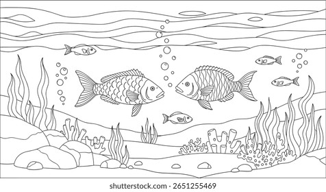 Charming underwater scene with two fish swimming amidst coral and seaweed