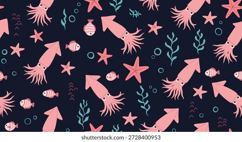 Encantador patrón sin fisuras bajo el agua con calamares rosados, estrellas de mar, peces Pequeños y algas sobre un fondo de mar profundo azul oscuro.