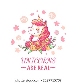 A charming unicorn with a flowing mane and a floral arrangement gazes happily surrounded by light swirls and pastel shapes embodying a sense of enchantment and fantasy.