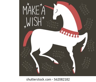 Charming unicorn. Handwritten: "make a wish".