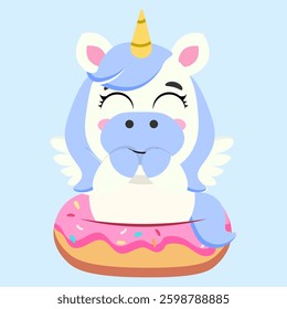 Charming unicorn sitting on a pink frosted donut, radiating joy and playfulness. Ideal for birthday designs, children’s prints, fantasy illustrations, and sweet-themed projects