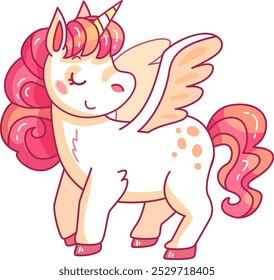 El encantador unicornio se alza orgulloso con sus alas extendidas mostrando su espíritu juguetón y su melena colorida contra un telón de fondo alegre.