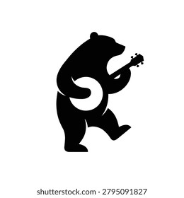 Charming and unique black bear silhouette playing a banjo, ideal for music festivals, folk bands, bluegrass events, or whimsical brand identities.