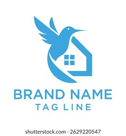 Um logotipo encantador e único com um beija-flor estilizado interagindo com a silhueta de uma casa em azul. Evoca temas de casa, natureza, e uma luz, sensação arejada. Adequado para imóveis ou eco-f