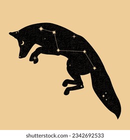 Encantador universo silhoutte de zorro con constelación vulpecula, luna, estrellas. Magia, astrología, concepto de autonomía. Ilustración vectorial con estilo de tarjeta Tarot. Para logotipo, afiche, postal, tarjeta de visita.