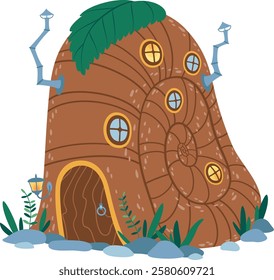 Charming and unusual snail shell shaped house stands amidst greenery, featuring a large leaf roof, whimsical chimneys, round windows, and a wooden door, creating a magical and inviting atmosphere