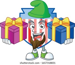 A charming USA stripes shield cartoon mascot style with two boxes of gifts